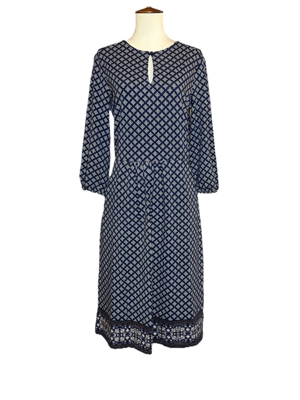 Lands' End Size 2/4 Navy Blue Printed Midi Dress 3/4 Sleeve Cotton Modal